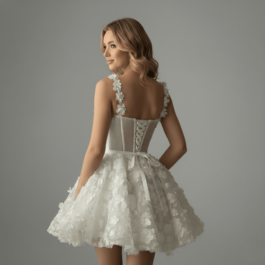 3D Floral Mini Corset Wedding Dress – Short Lace Bridal After - Party Gown | Silque Mini Bridal Couture Collection - Wedding Dress - SilqueBridal