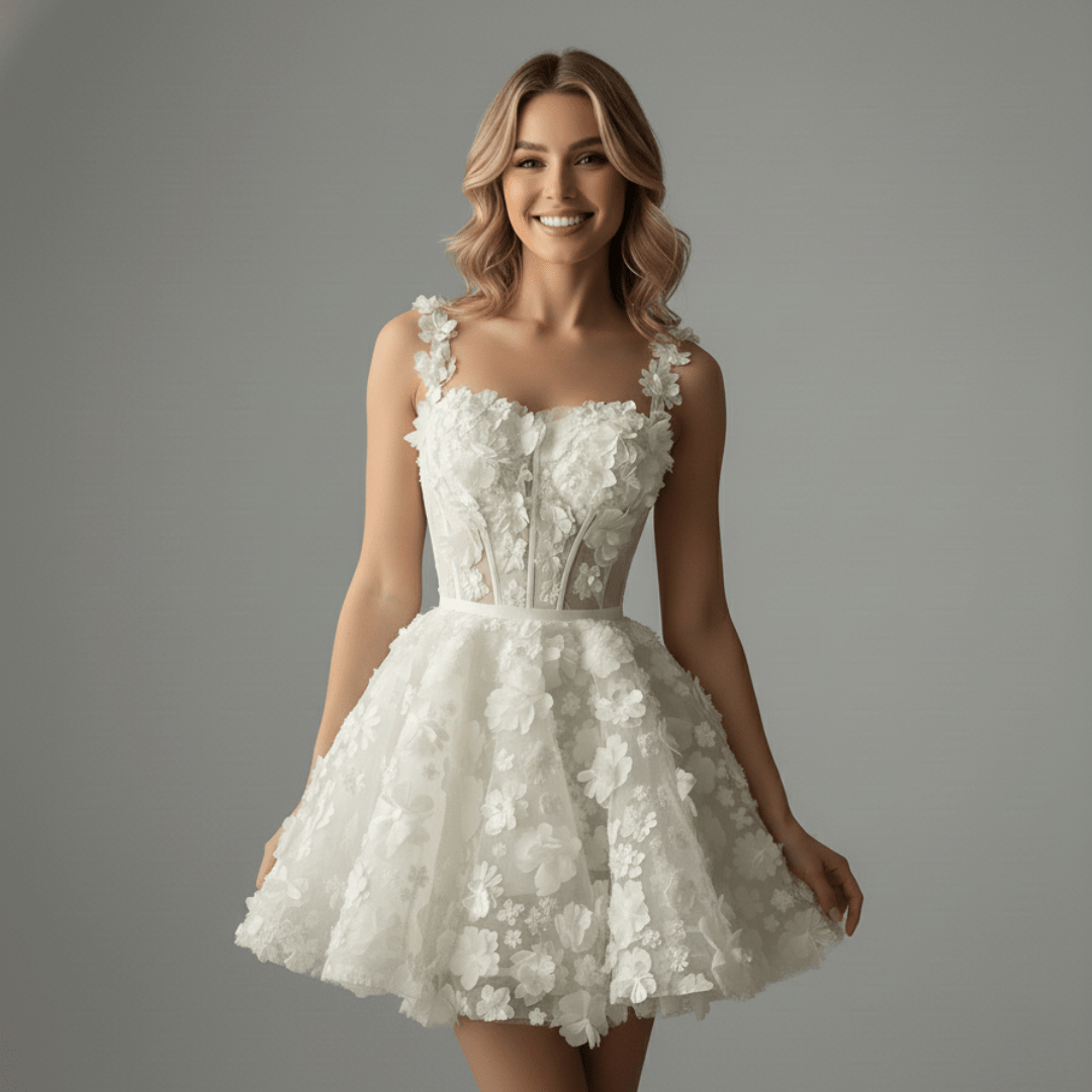 3D Floral Mini Corset Wedding Dress – Short Lace Bridal After - Party Gown | Silque Mini Bridal Couture Collection - Wedding Dress - SilqueBridal