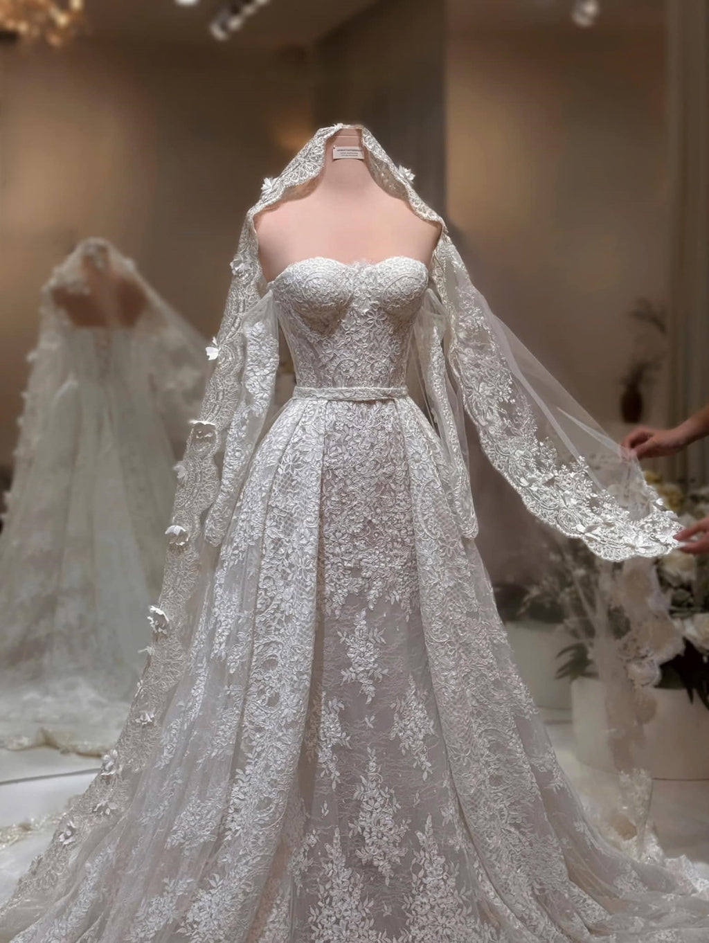 2-in-1 Off-Shoulder Lace Ball Gown with Sheer Corset & Overskirt