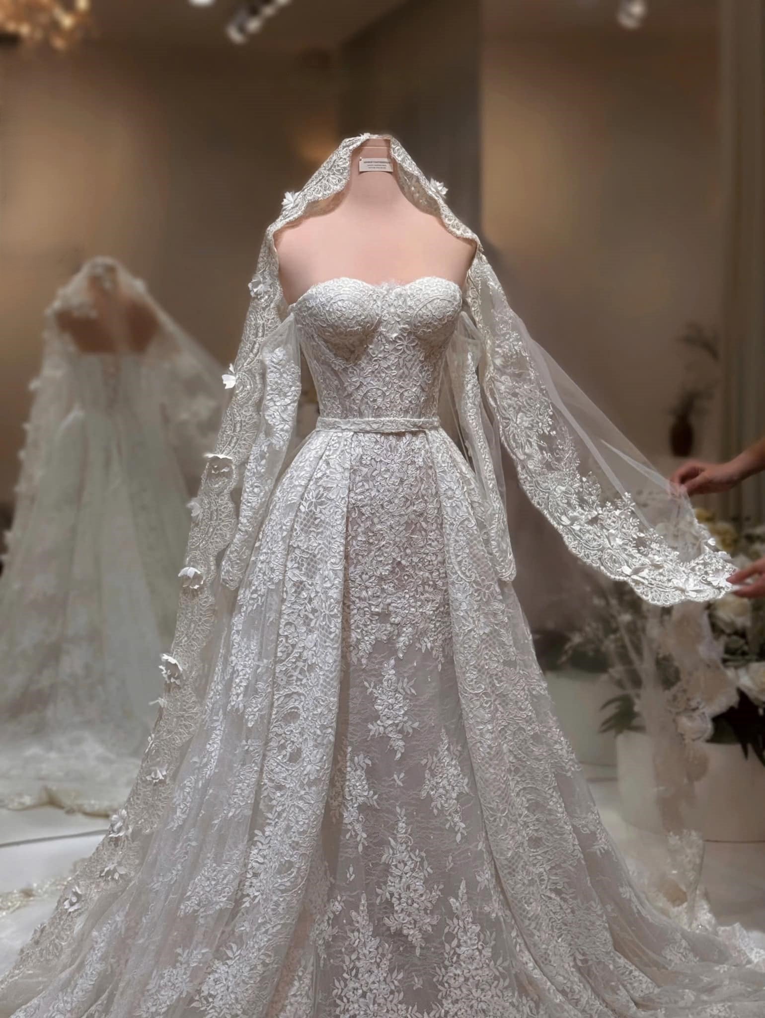 2-in-1 Off-Shoulder Lace Ball Gown with Sheer Corset & Overskirt