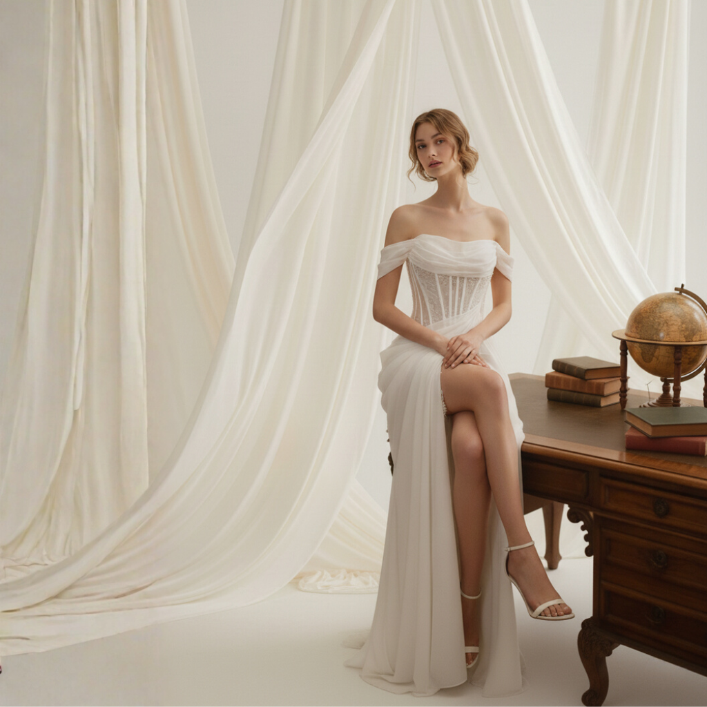 Off-Shoulder Draped Corset Wedding Dress – Modern Romantic Grace | Silque Bridal