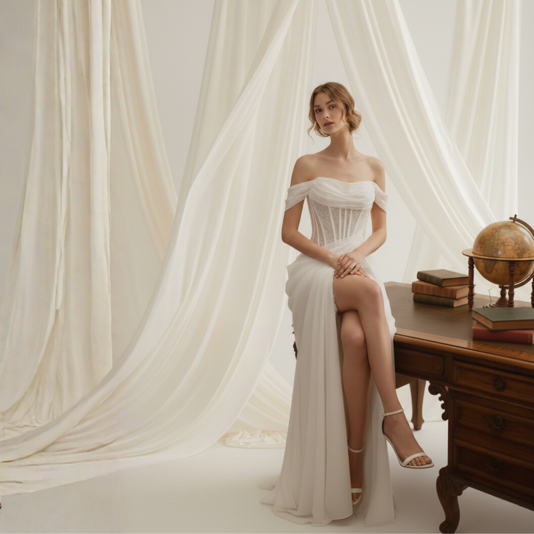 Off-Shoulder Draped Corset Wedding Dress – Modern Romantic Grace | Silque Bridal