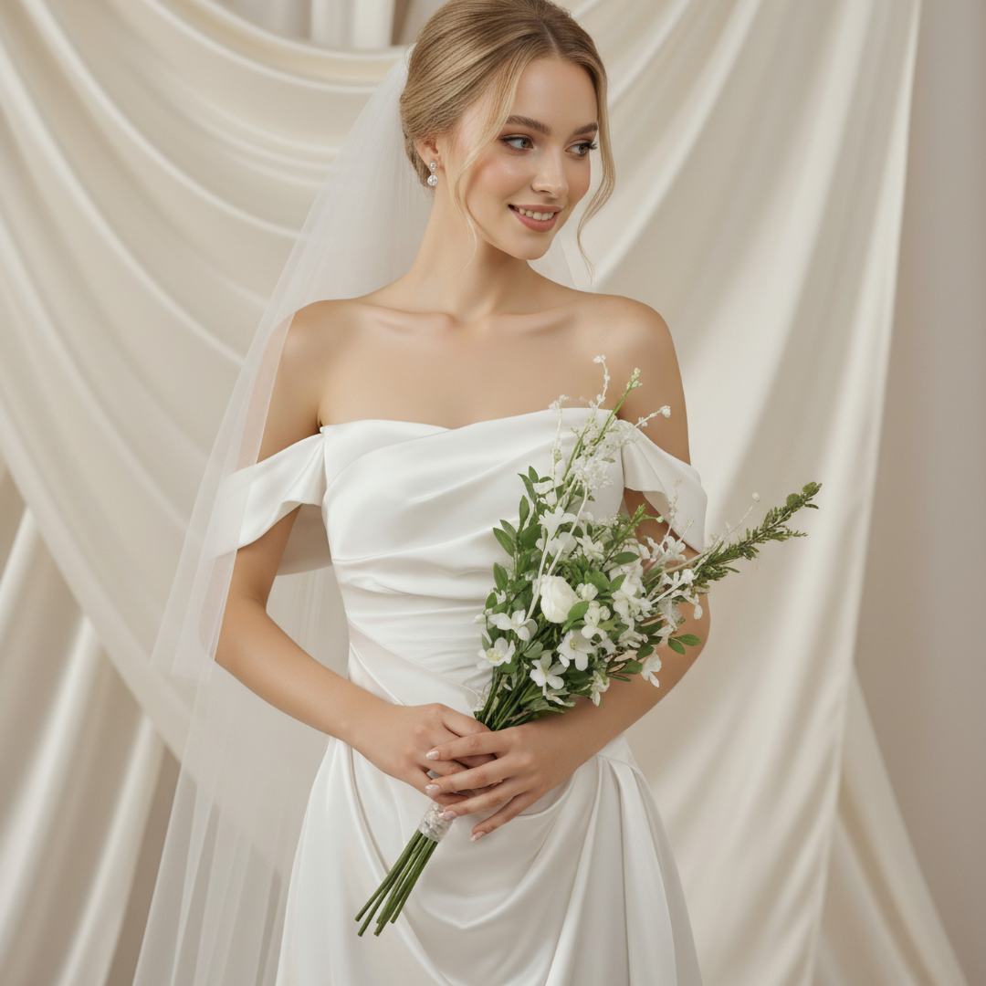 Off Shoulder Satin Wedding Dress – Simple Minimalist Fit and Flare Bridal Gown | Silque Bridal