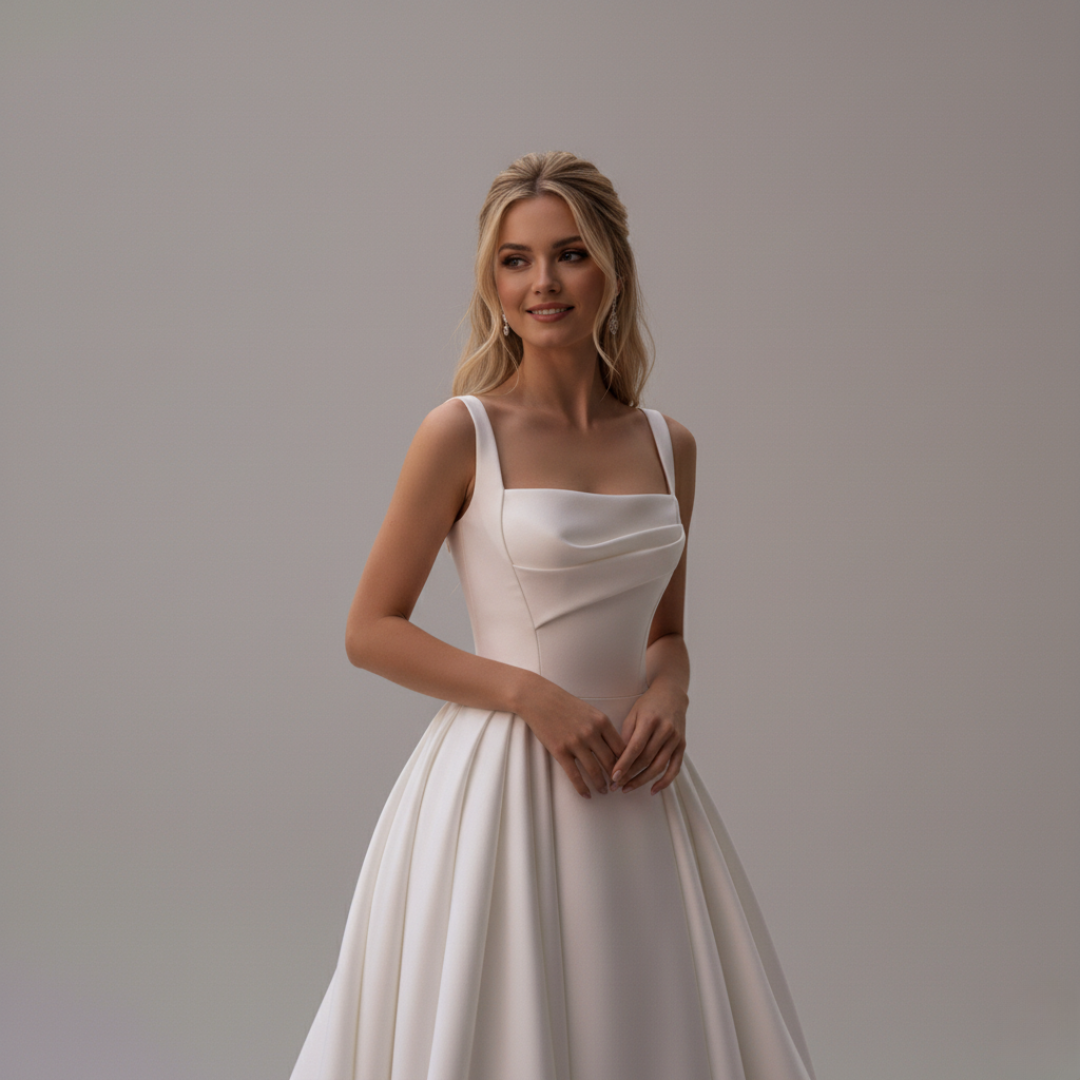 Minimalist Satin Ball Gown Wedding Dress with Square Neckline & Chapel Train | Silque Bridal