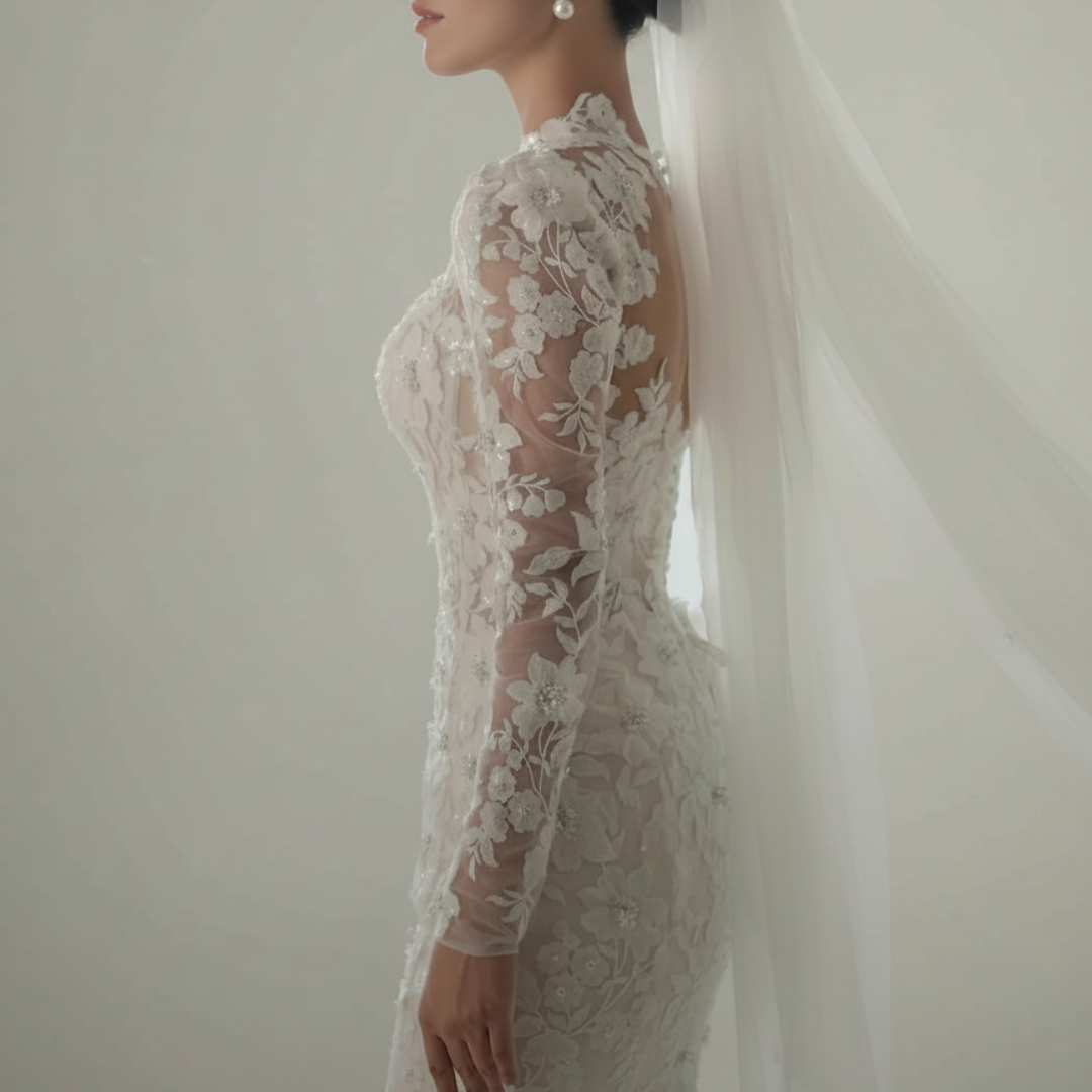 Long Sleeve Lace Mermaid Wedding Dress with Overskirt – Elegant High Neck Bridal Gown | Silque Bridal