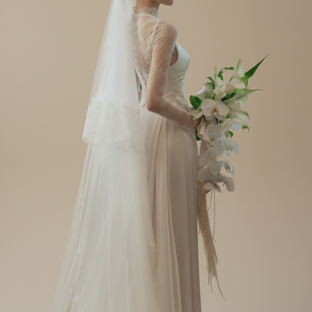 Lace Long Sleeve Satin Wedding Dress with Detachable Overskirt – 2-in-1 A-line Bridal Gown