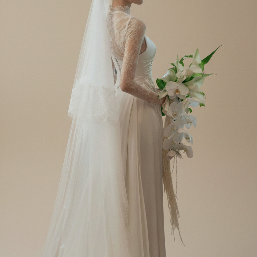 Lace Long Sleeve Satin Wedding Dress with Detachable Overskirt – 2-in-1 A-line Bridal Gown