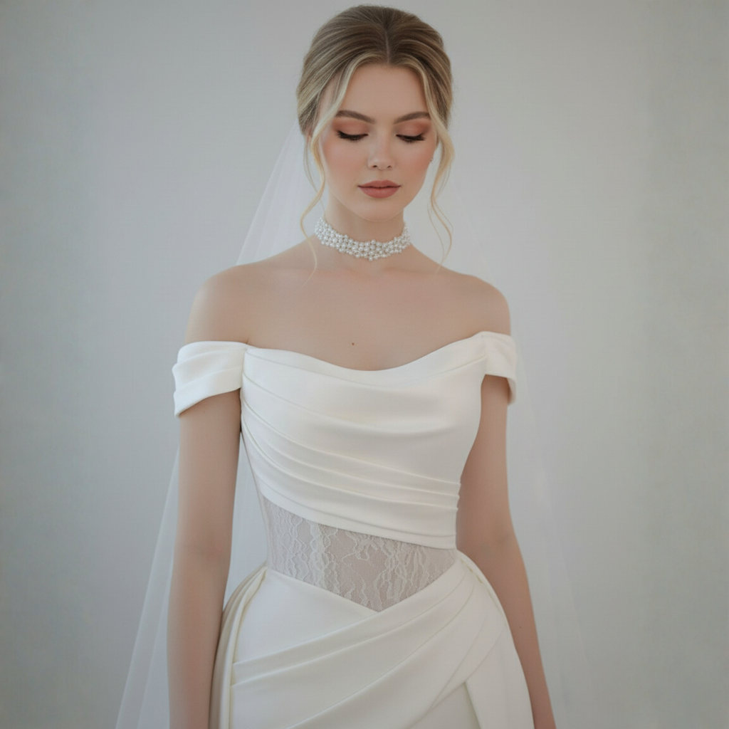 Off-Shoulder Draped Fit and Flare Wedding Dress with Detachable Train | Silque Bridal