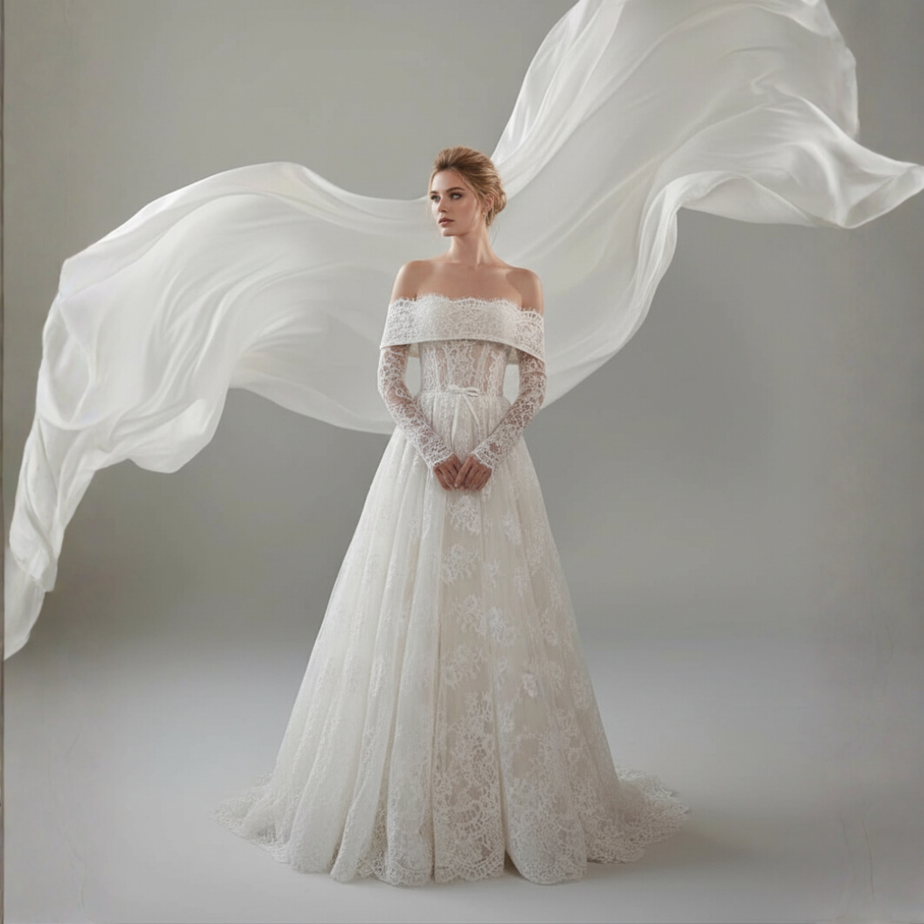 Off Shoulder Lace Wedding Dress with Long Sleeves – Romantic Corset Bridal Gown | Silque Bridal