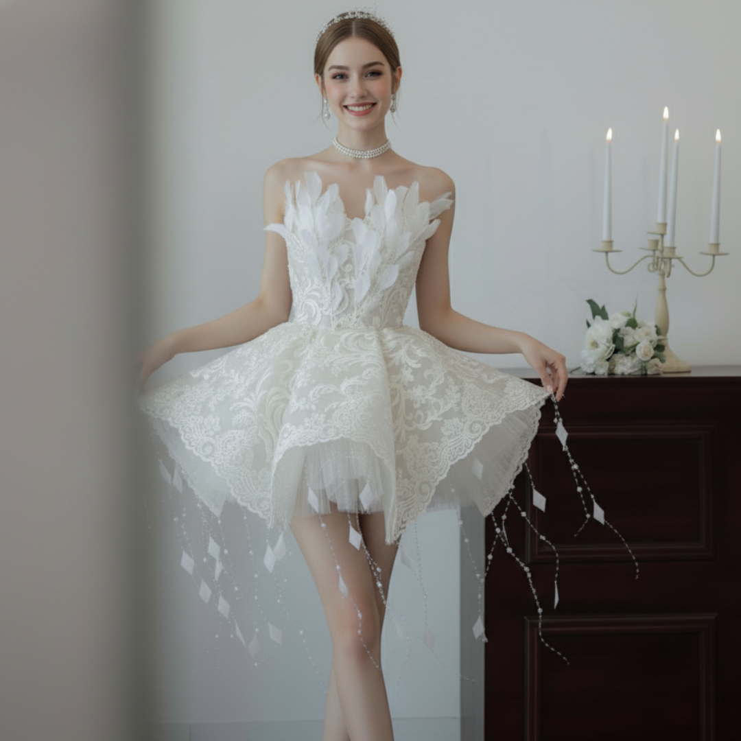Feather and Lace Mini Wedding Dress – Couture Short Bridal Gown with Flared Skirt | Silque Mini Bridal Collection