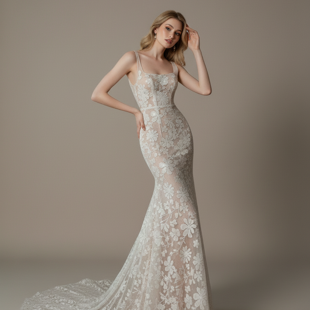 Floral Lace Corset Mermaid Wedding Dress – Sheer Nude Lined Bridal Gown