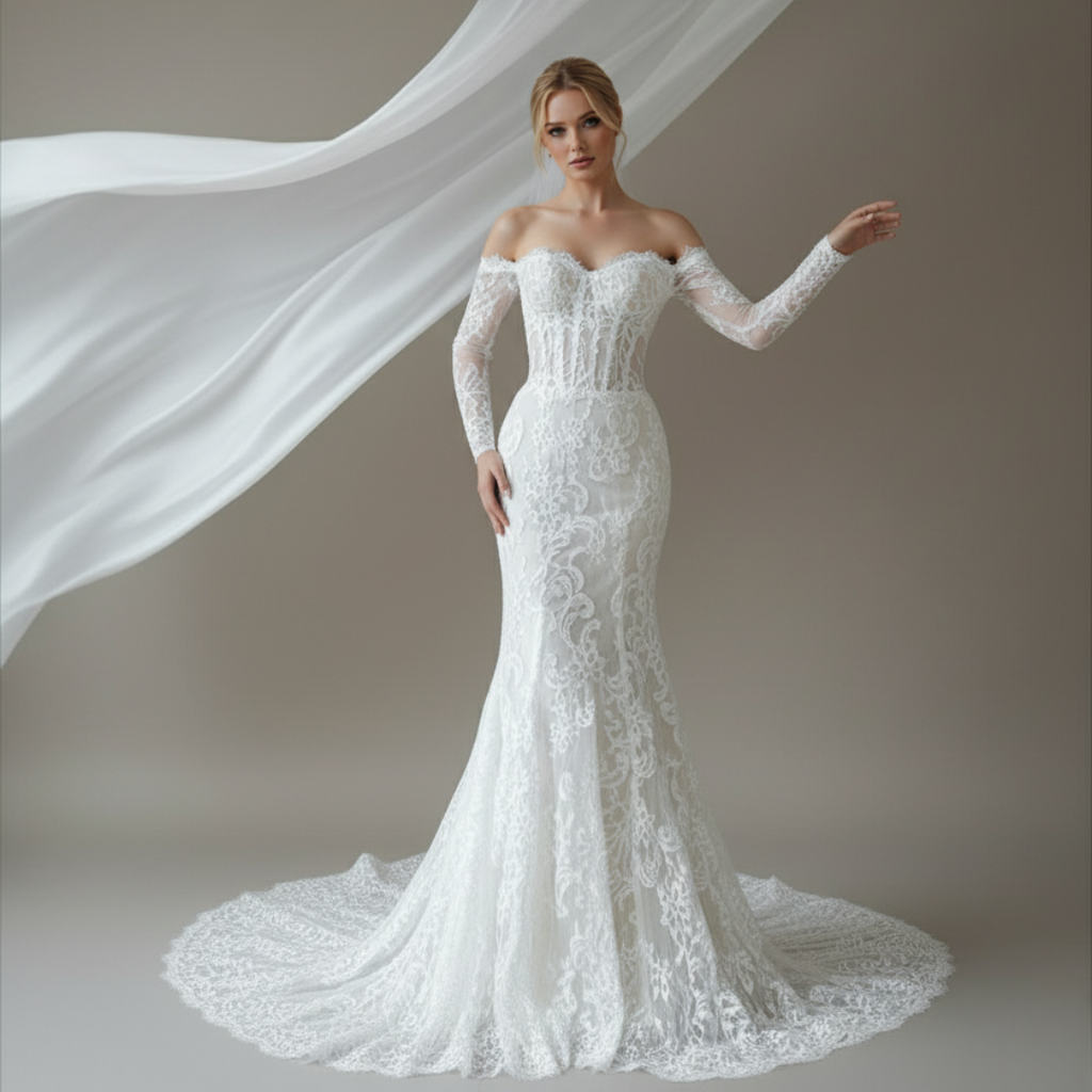 Off-Shoulder Long Sleeve Lace Wedding Dress – Timeless Romantic Elegance | Silque Bridal