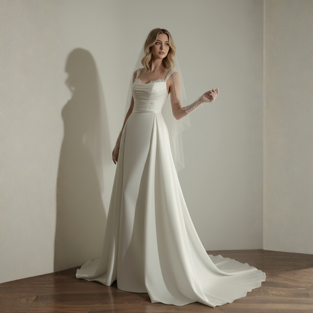 2-in-1 Satin Fit and Flare Wedding Dress with Detachable Overskirt – Modern Minimalist Bridal Gown | Silque Luxury Collection