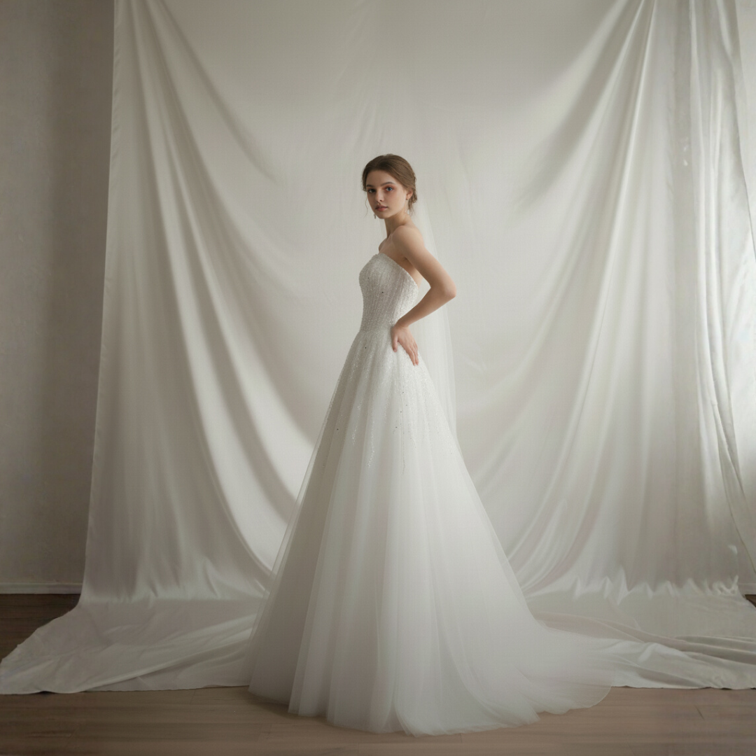 Strapless Sparkle A-Line Wedding Dress – Elegant Beaded Tulle Bridal Gown | Silque Bridal