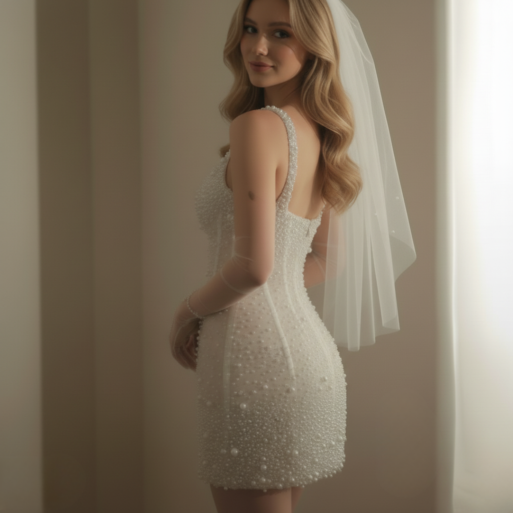 Pearl-Embellished Mini Corset Wedding Dress – Luxury Short Bridal Gown | Silque Mini Couture Collection