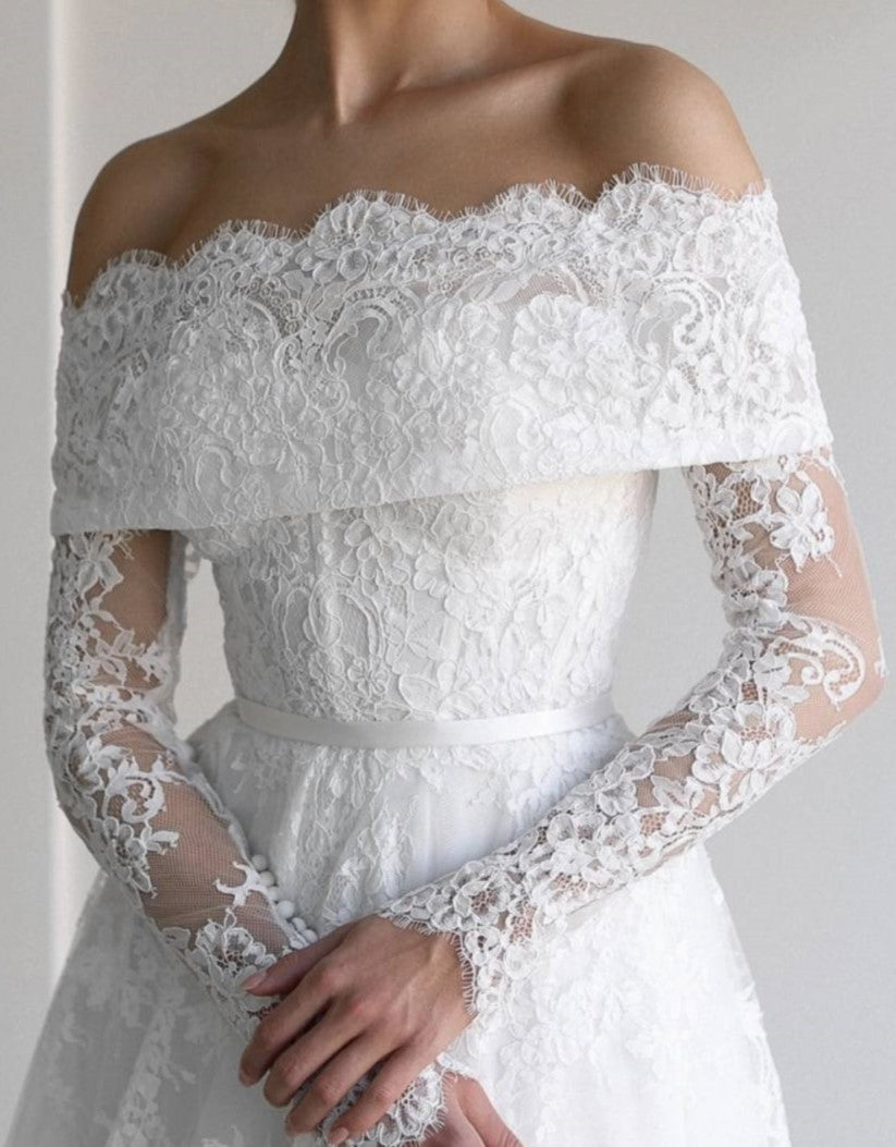 Off-the-Shoulder Lace Wedding Dress with Long Sleeves – Classic A-Line