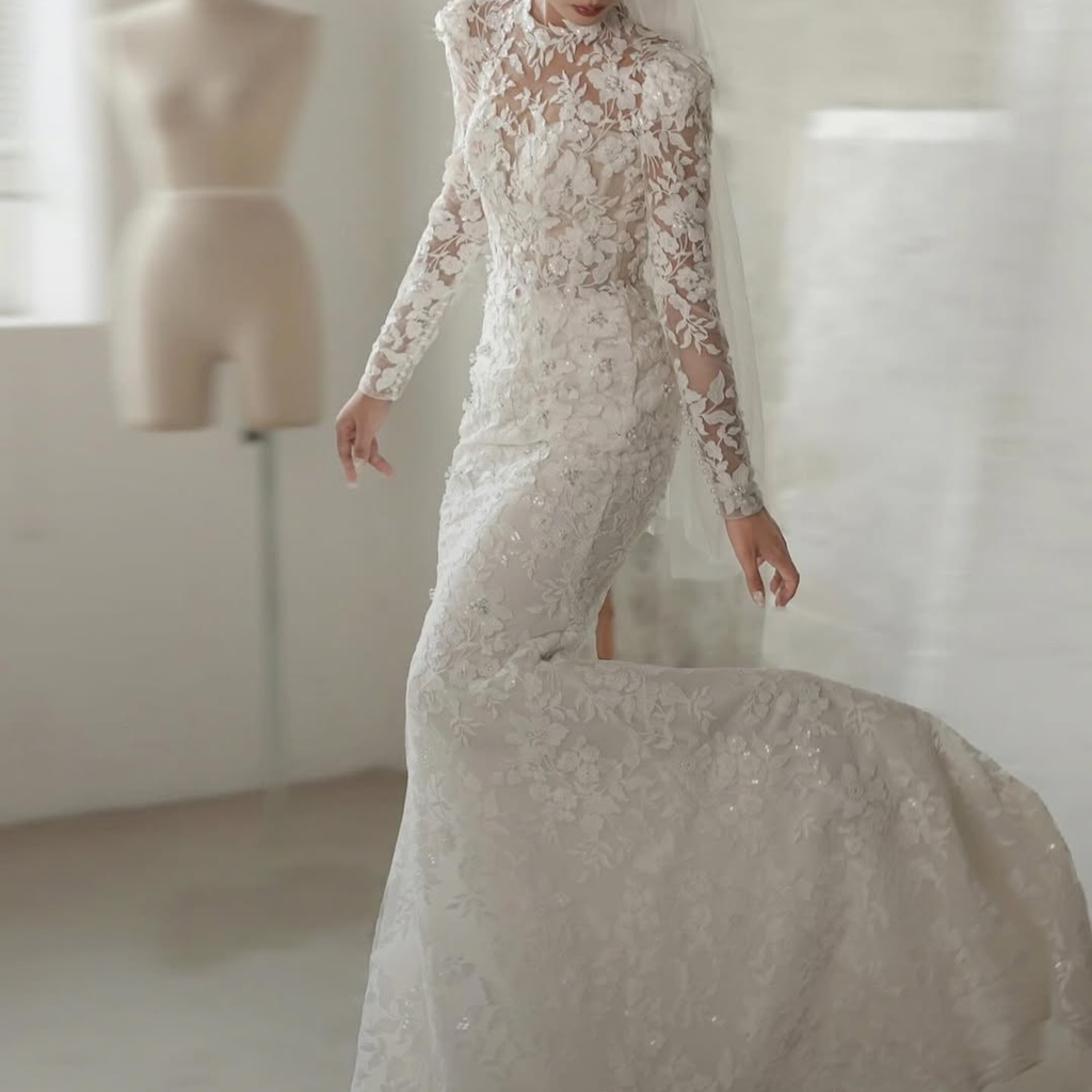 Long Sleeve Lace Mermaid Wedding Dress with Overskirt – Elegant High Neck Bridal Gown | Silque Bridal