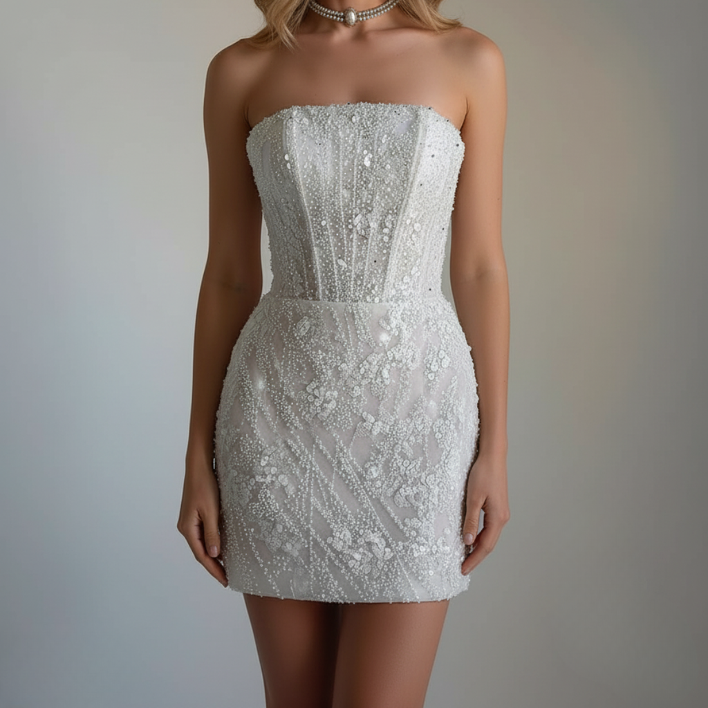 2-in-1 beaded mini corset gown with a detachable satin overskirt — elegant, modern, and couture-crafted for the confident Silque bride.