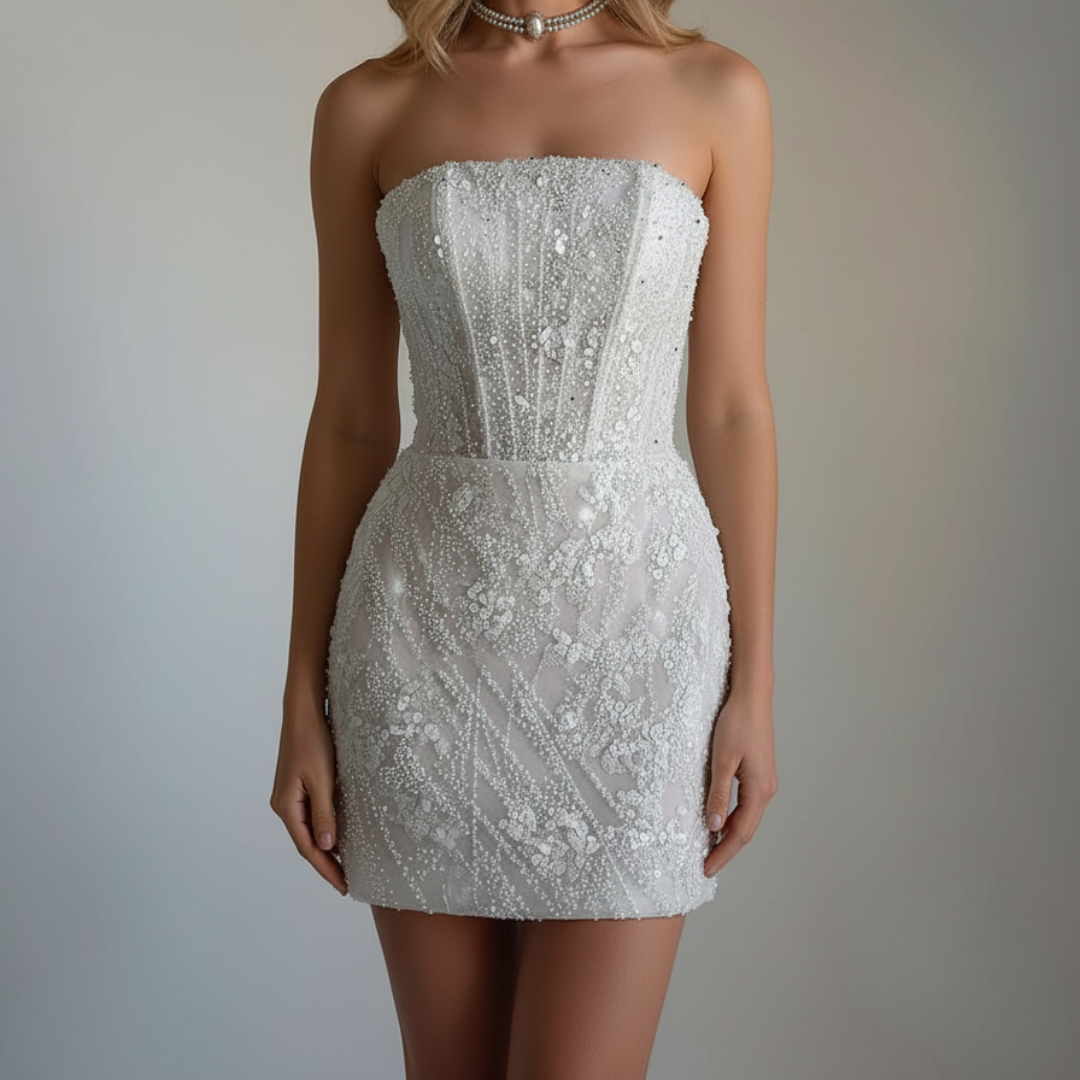 2-in-1 beaded mini corset gown with a detachable satin overskirt — elegant, modern, and couture-crafted for the confident Silque bride.