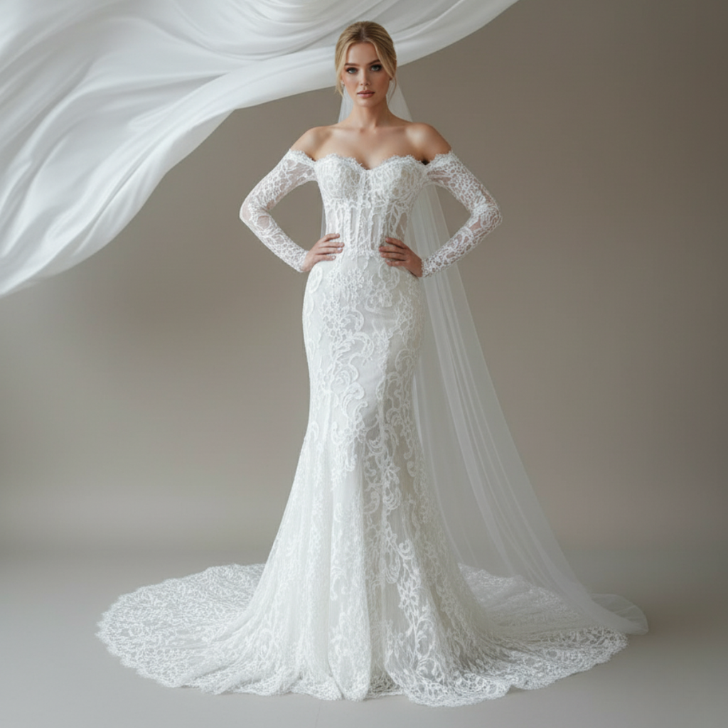 Off-Shoulder Long Sleeve Lace Wedding Dress – Timeless Romantic Elegance | Silque Bridal