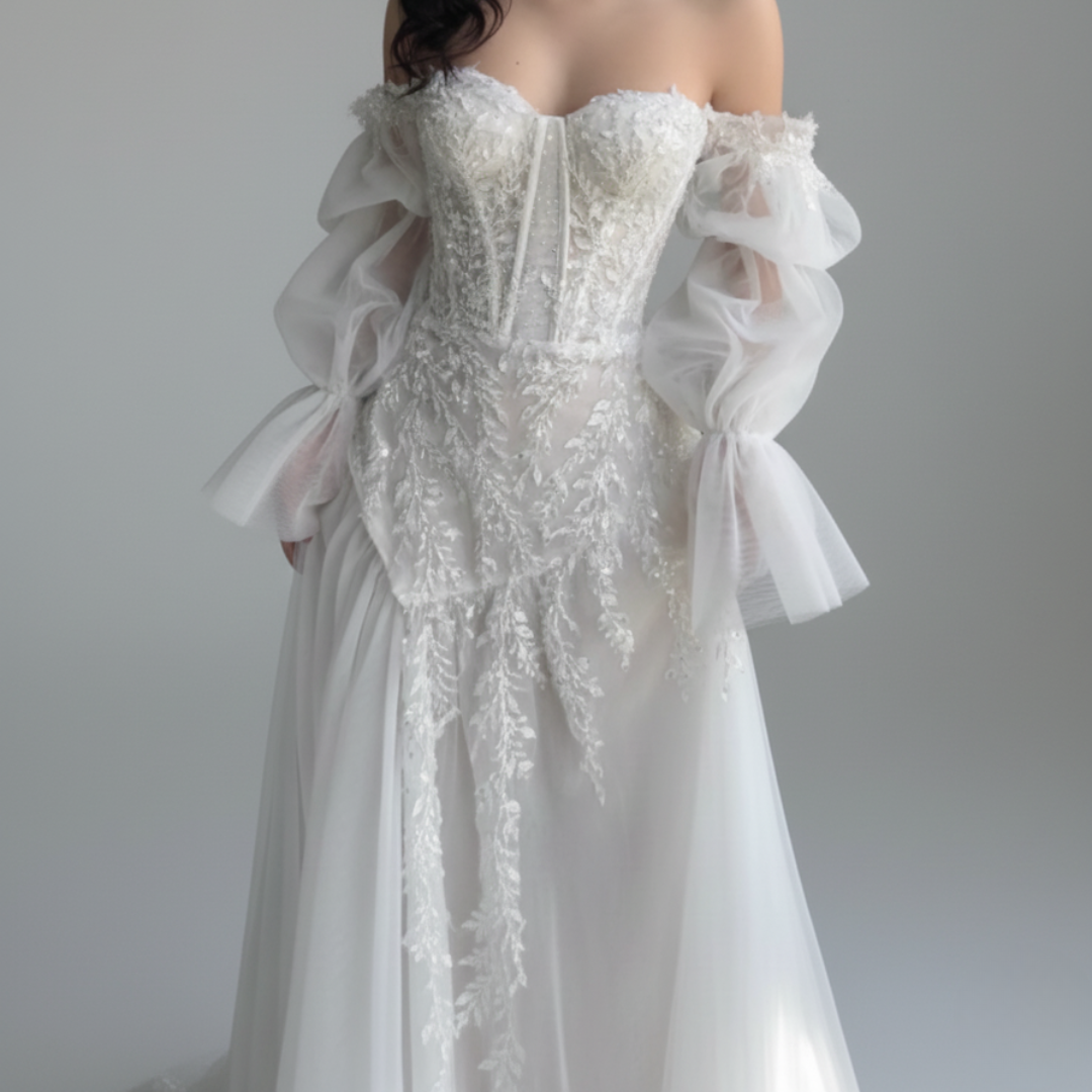 A-Line Corset Wedding Dress with Slit – 3D Lace Bridal Gown | Silque Bridal