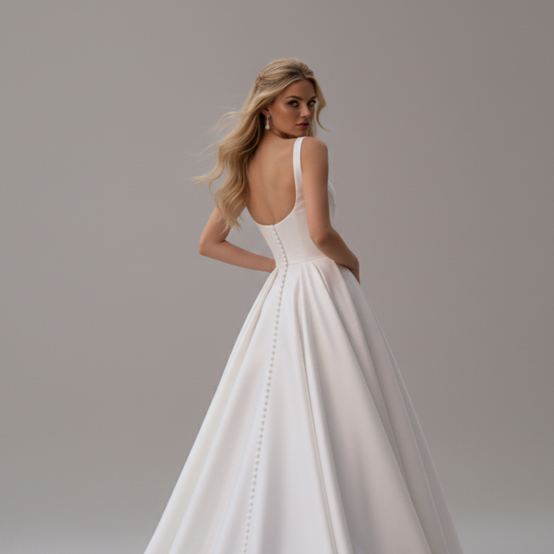 Minimalist Satin Ball Gown Wedding Dress with Square Neckline & Chapel Train | Silque Bridal