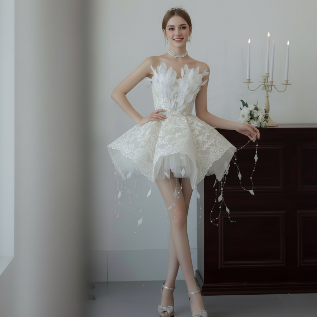 Feather and Lace Mini Wedding Dress – Couture Short Bridal Gown with Flared Skirt | Silque Mini Bridal Collection