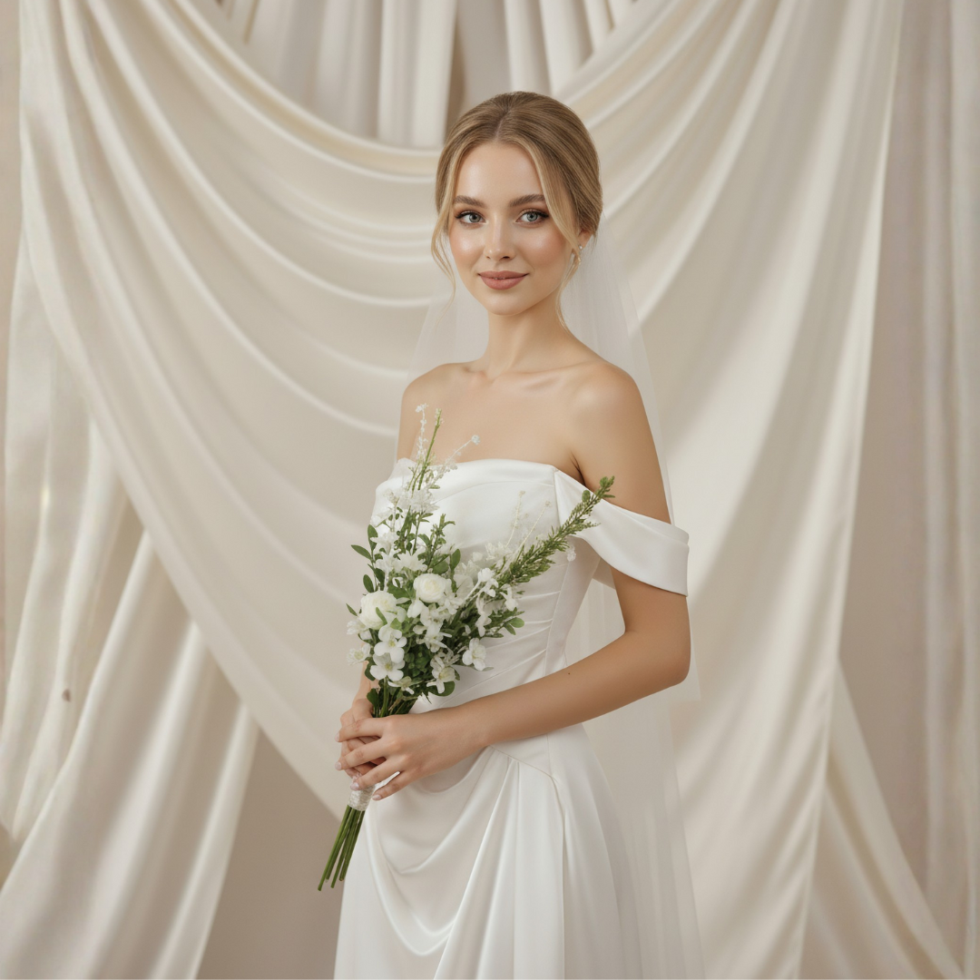 Off Shoulder Satin Wedding Dress – Simple Minimalist Fit and Flare Bridal Gown | Silque Bridal