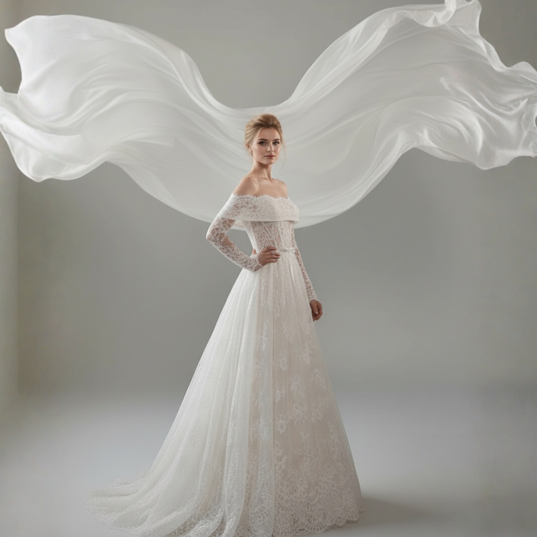 Off Shoulder Lace Wedding Dress with Long Sleeves – Romantic Corset Bridal Gown | Silque Bridal