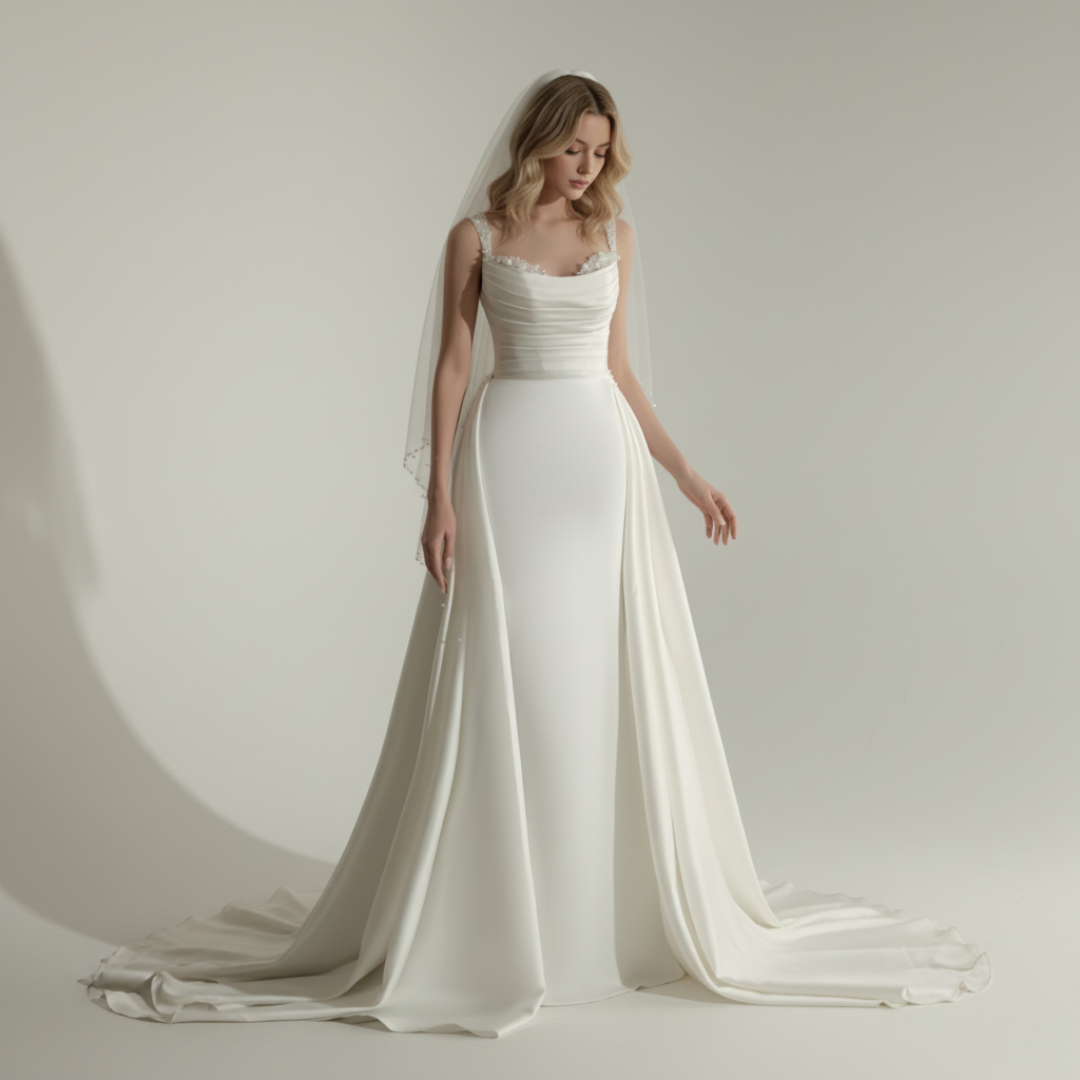 2-in-1 Satin Fit and Flare Wedding Dress with Detachable Overskirt – Modern Minimalist Bridal Gown | Silque Luxury Collection