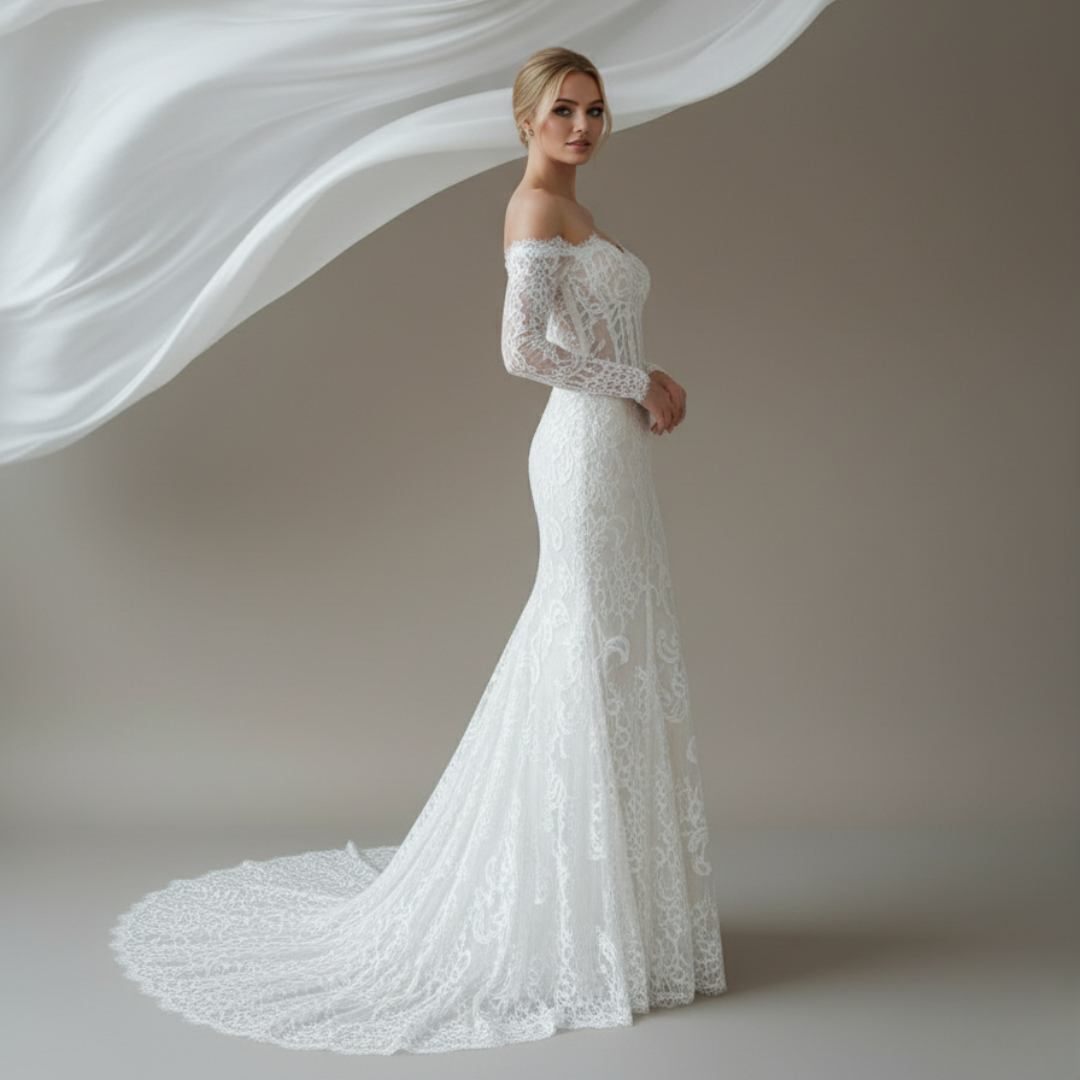 Off-Shoulder Long Sleeve Lace Wedding Dress – Timeless Romantic Elegance | Silque Bridal