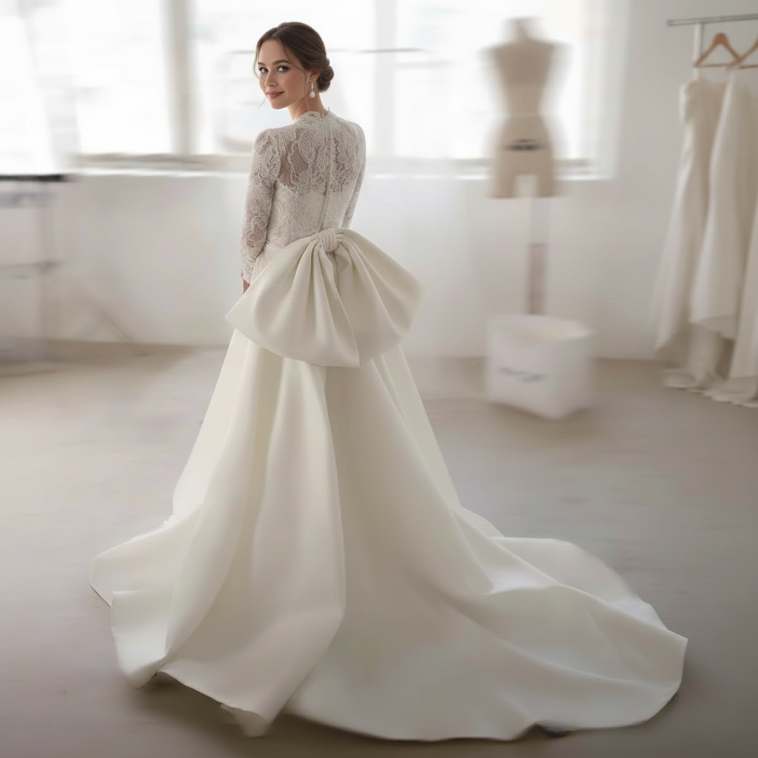 2-in-1 Mermaid Lace Wedding Dress with High Neck & Overskirt | Silque