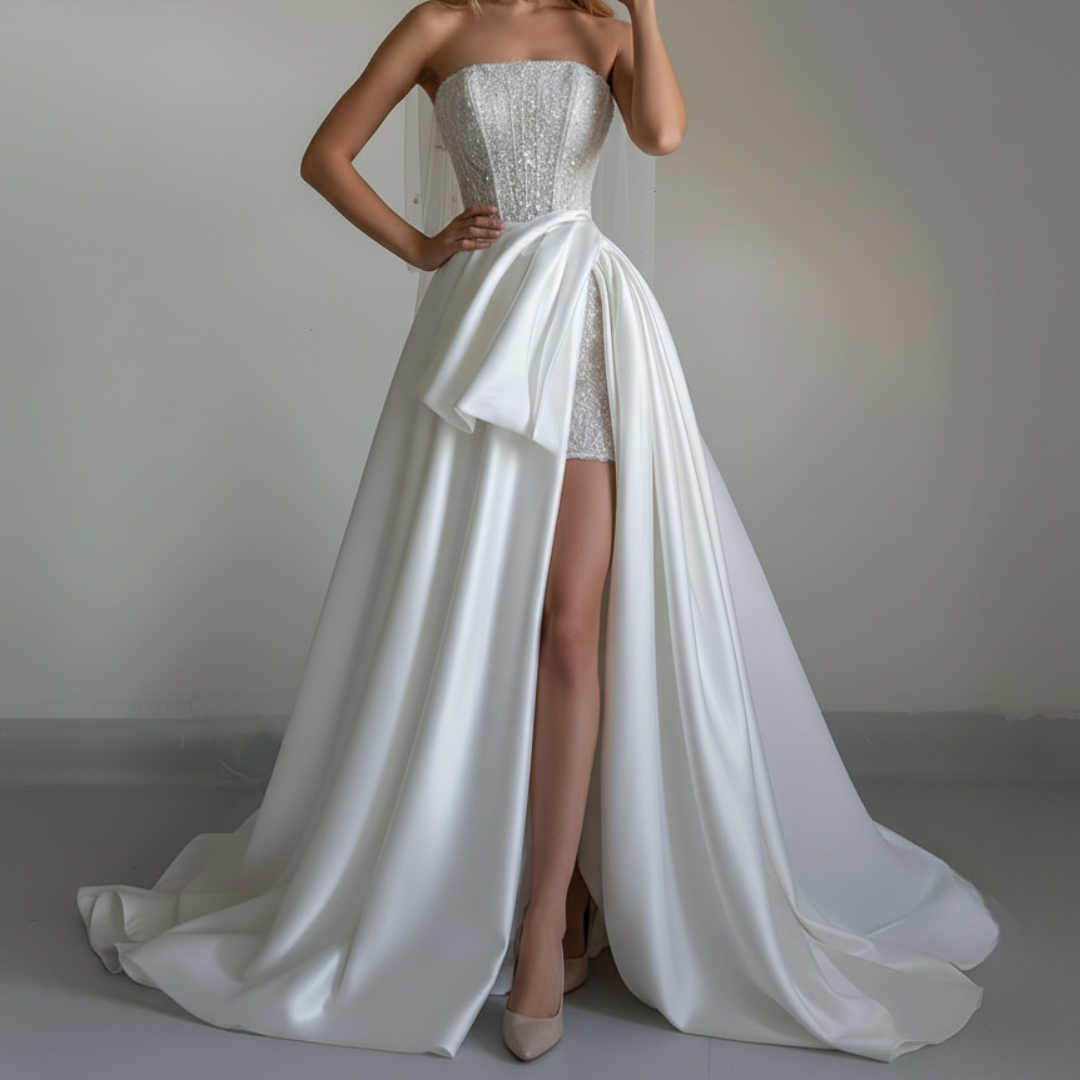 2-in-1 beaded mini corset gown with a detachable satin overskirt — elegant, modern, and couture-crafted for the confident Silque bride.