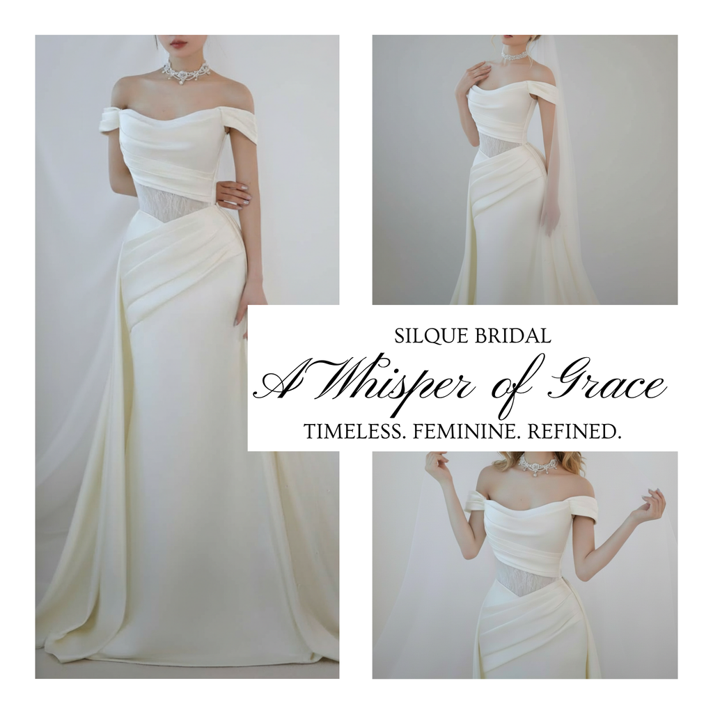 Off-Shoulder Draped Fit and Flare Wedding Dress with Detachable Train | Silque Bridal