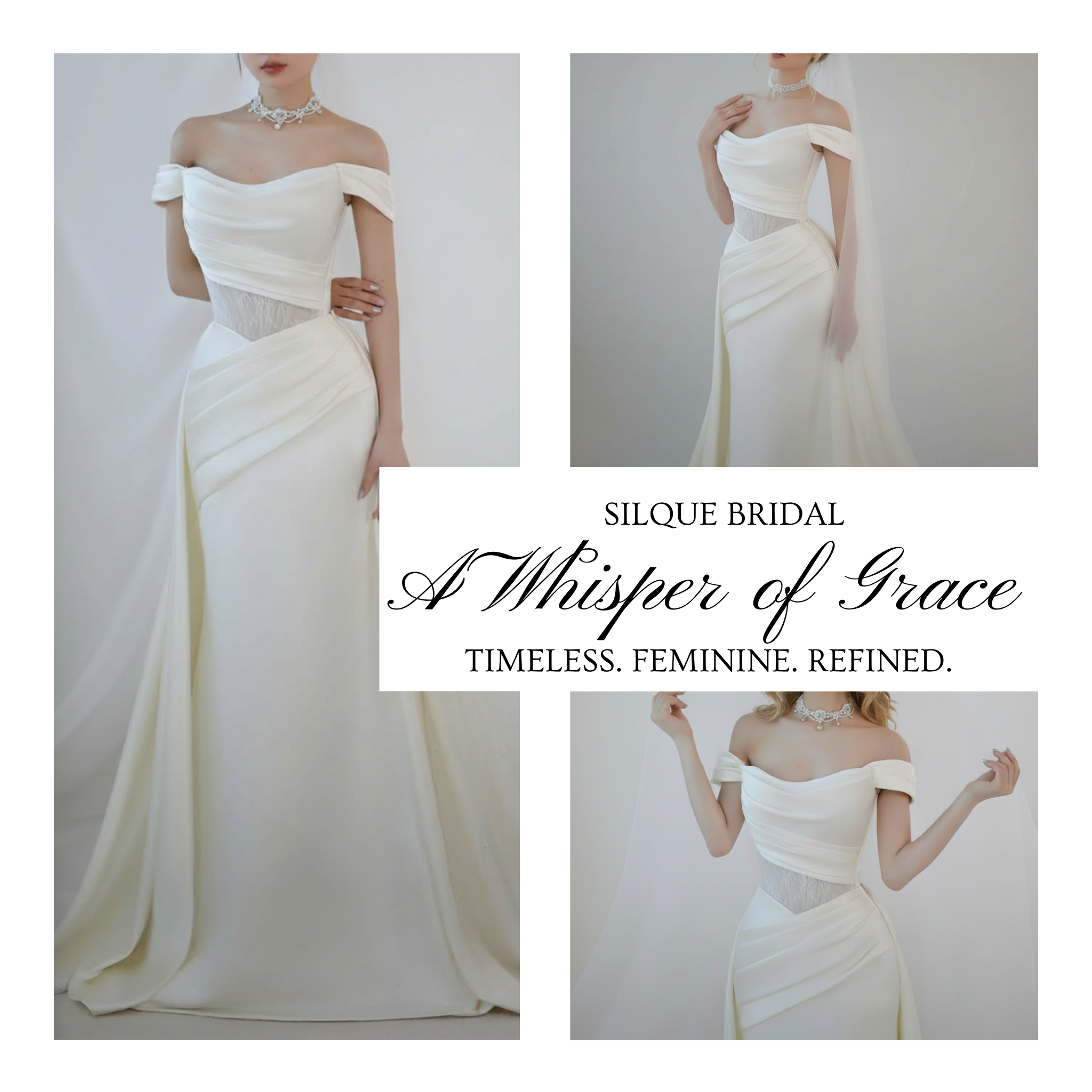 Off-Shoulder Draped Fit and Flare Wedding Dress with Detachable Train | Silque Bridal