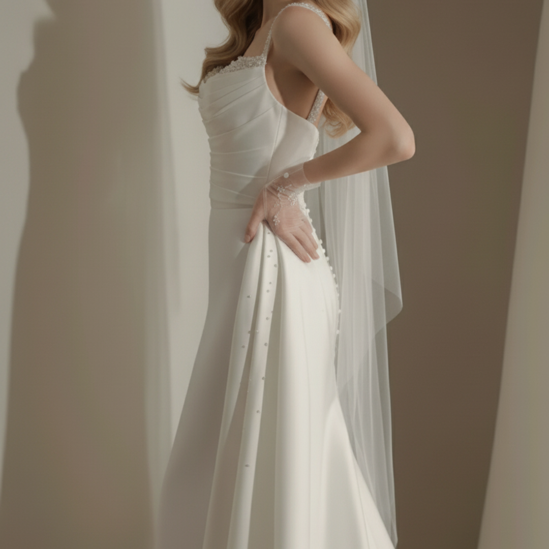 2-in-1 Satin Fit and Flare Wedding Dress with Detachable Overskirt – Modern Minimalist Bridal Gown | Silque Luxury Collection