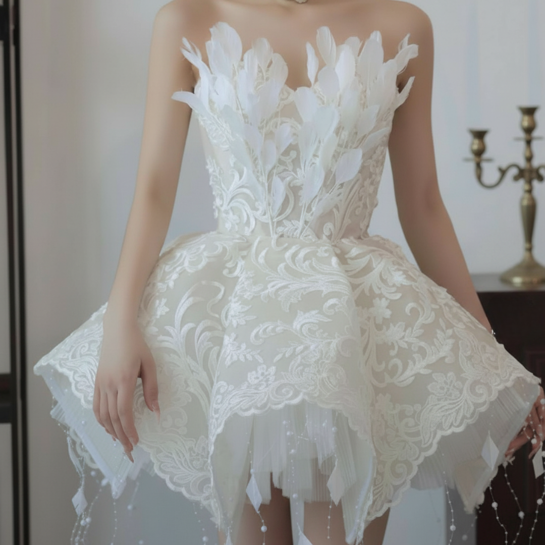 Feather and Lace Mini Wedding Dress – Couture Short Bridal Gown with Flared Skirt | Silque Mini Bridal Collection