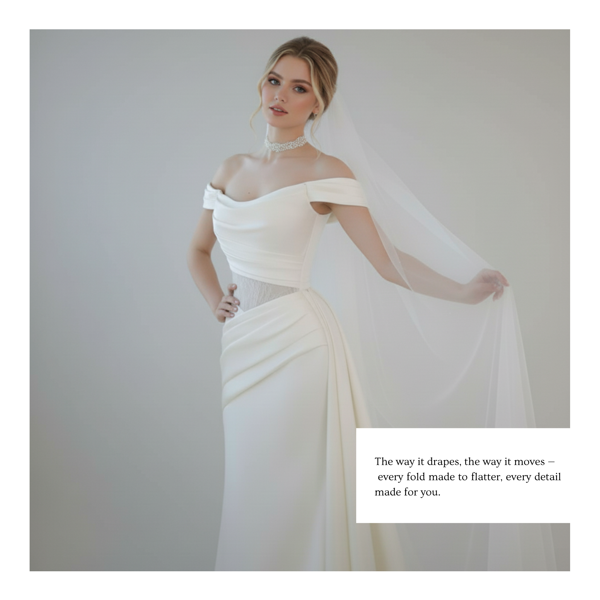 Off-Shoulder Draped Fit and Flare Wedding Dress with Detachable Train | Silque Bridal