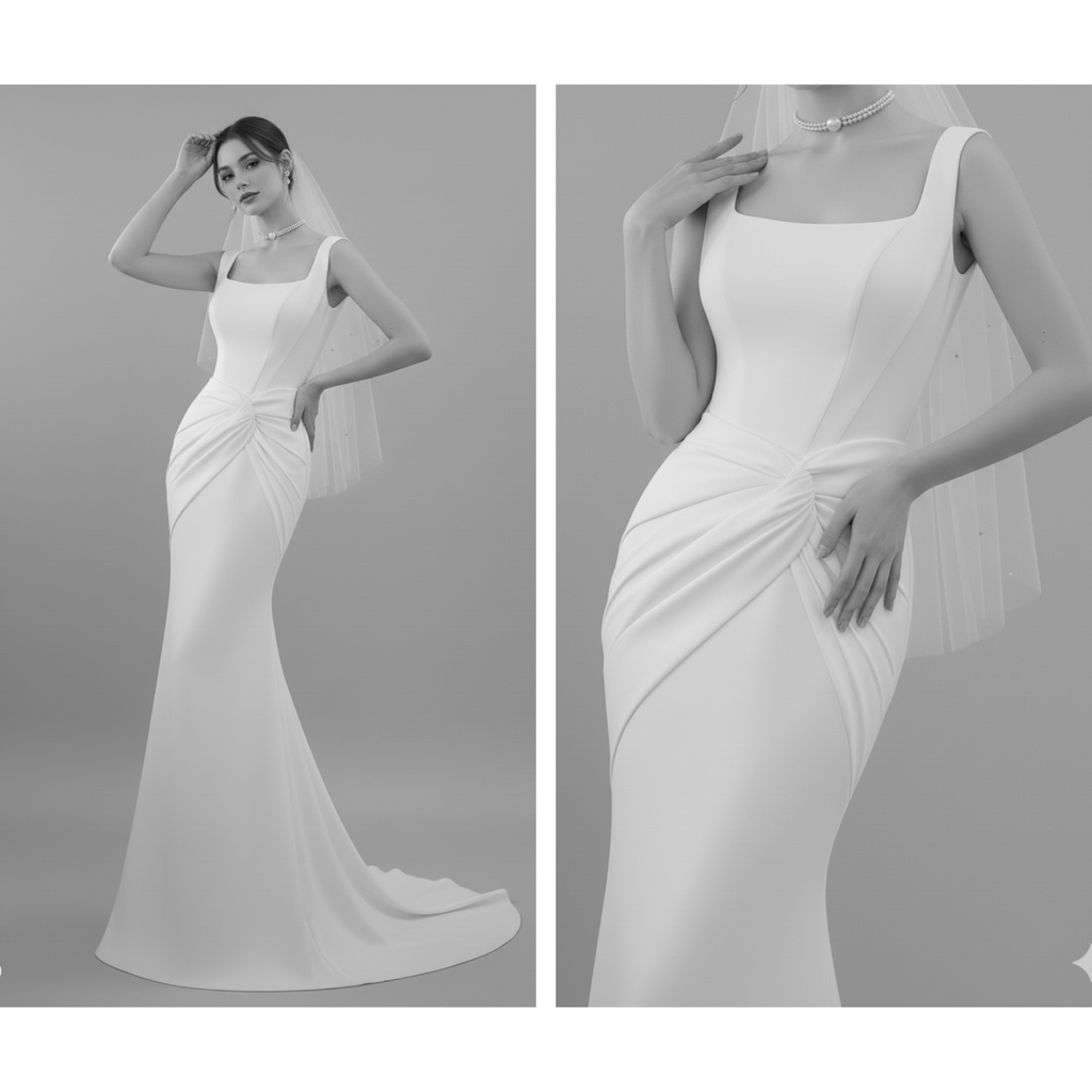 Minimalist Square-Neck Fit and Flare Wedding Dress | Silque Bridal
