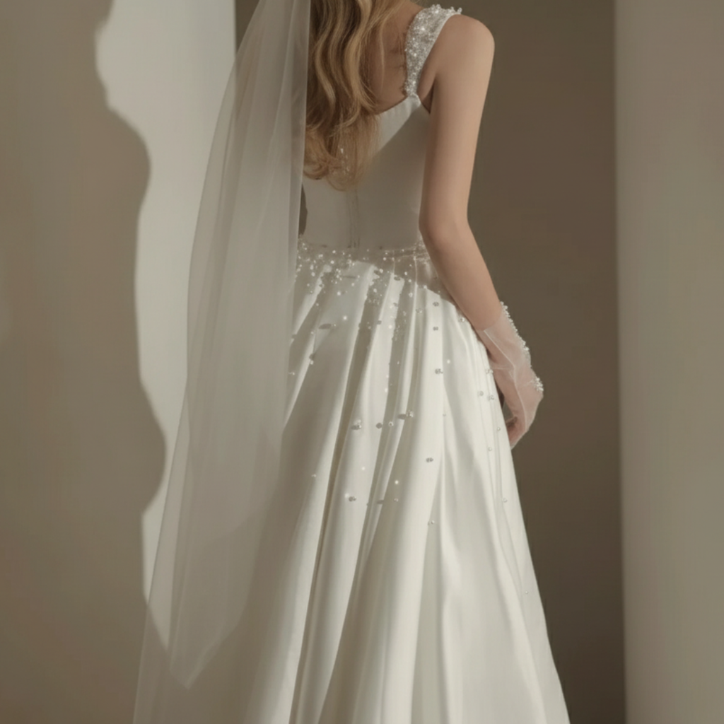2-in-1 Satin Fit and Flare Wedding Dress with Detachable Overskirt – Modern Minimalist Bridal Gown | Silque Luxury Collection