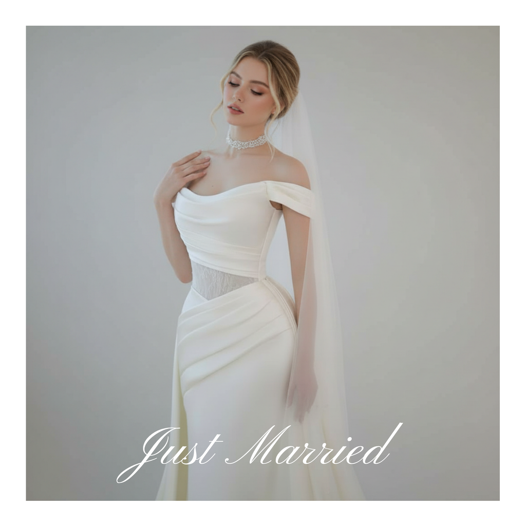 Off-Shoulder Draped Fit and Flare Wedding Dress with Detachable Train | Silque Bridal