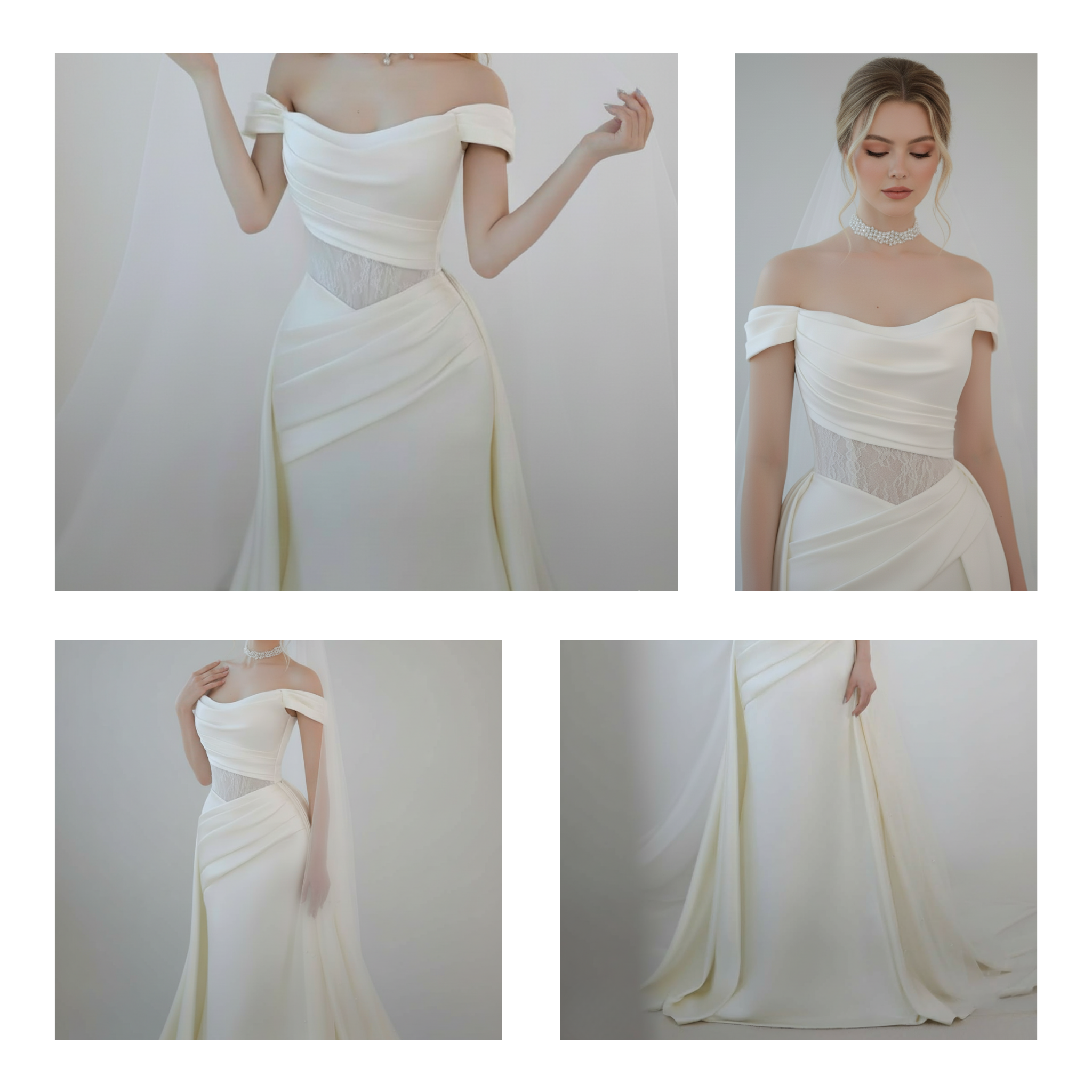 Off-Shoulder Draped Fit and Flare Wedding Dress with Detachable Train | Silque Bridal