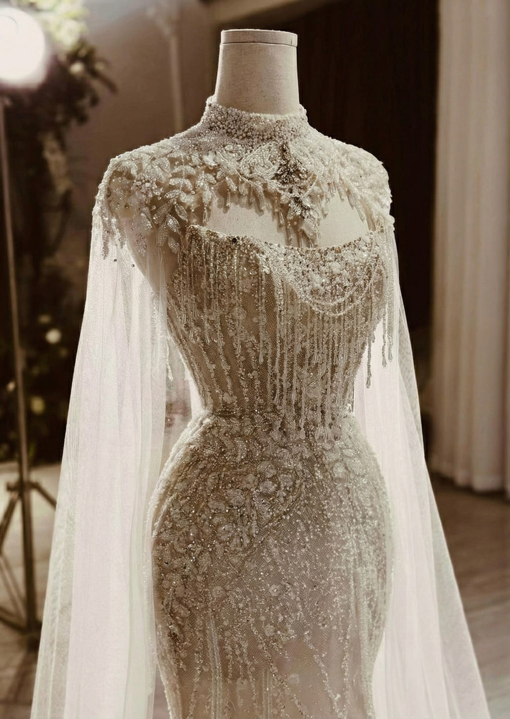 Couture Beaded High-Neck Sheath Wedding Dress with Crystal Cape