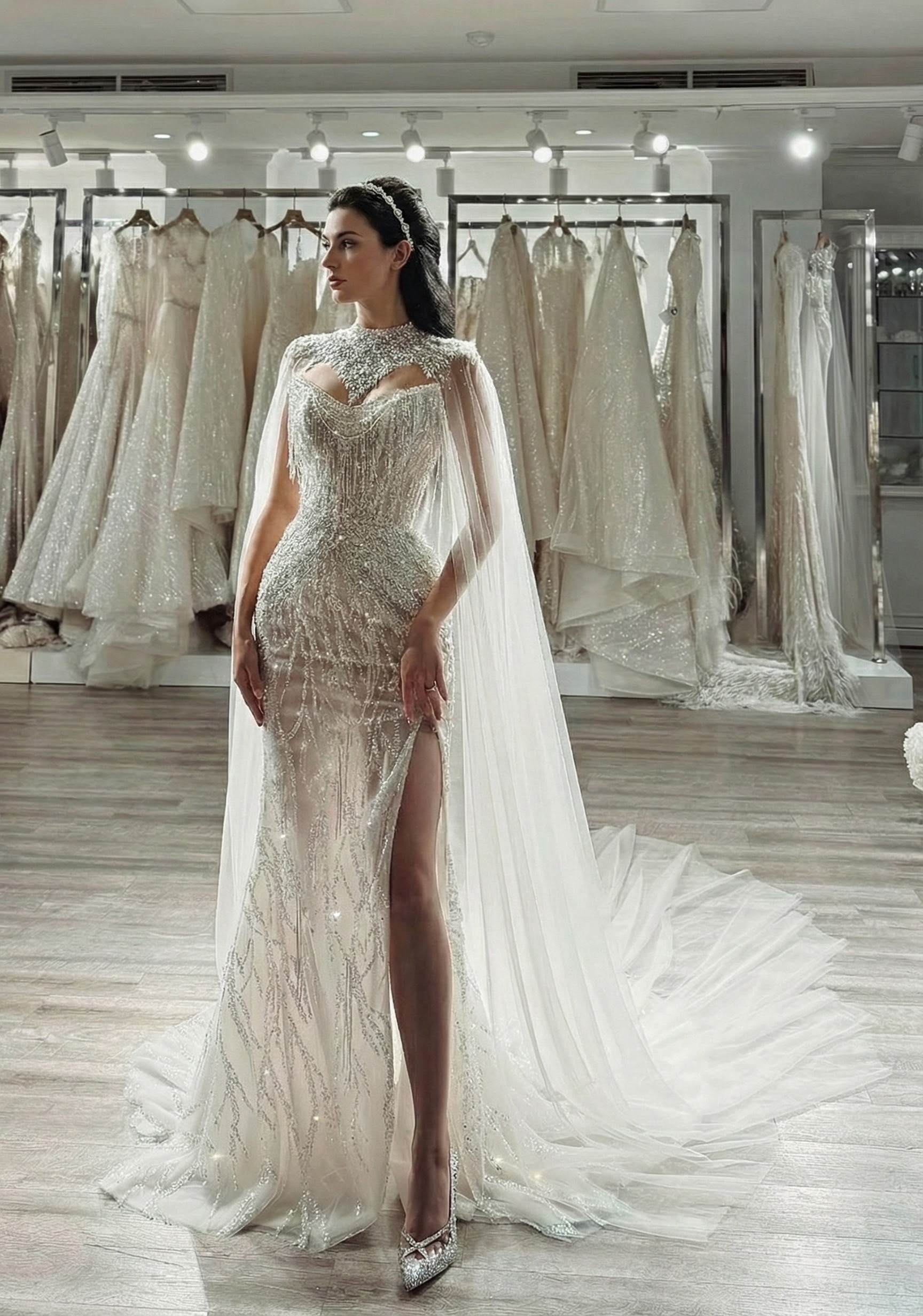 Couture Beaded High-Neck Sheath Wedding Dress with Crystal Cape