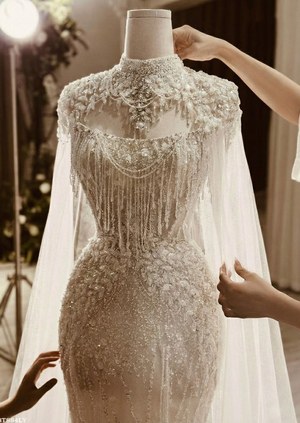 Couture Beaded High-Neck Sheath Wedding Dress with Crystal Cape