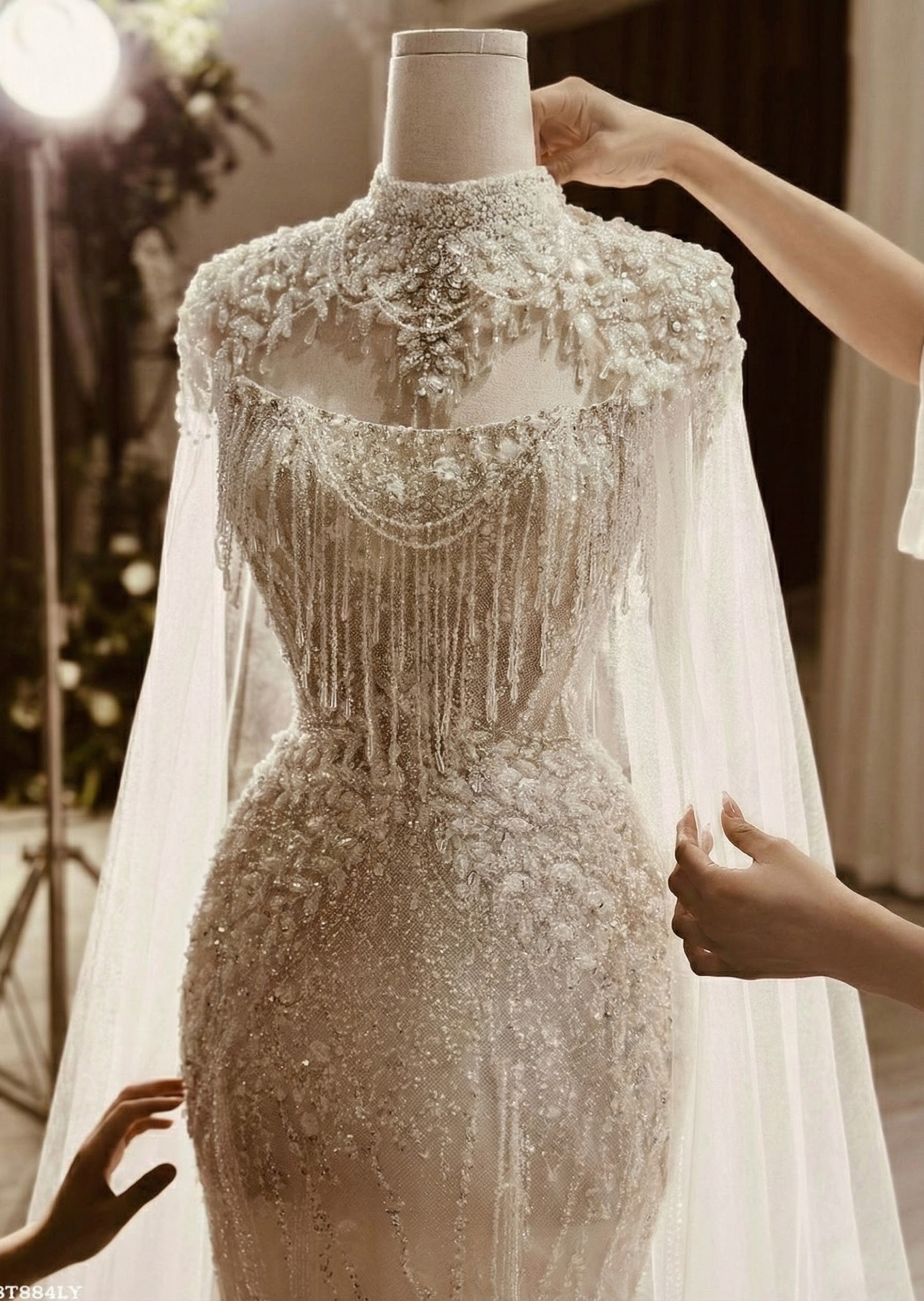 Couture Beaded High-Neck Sheath Wedding Dress with Crystal Cape