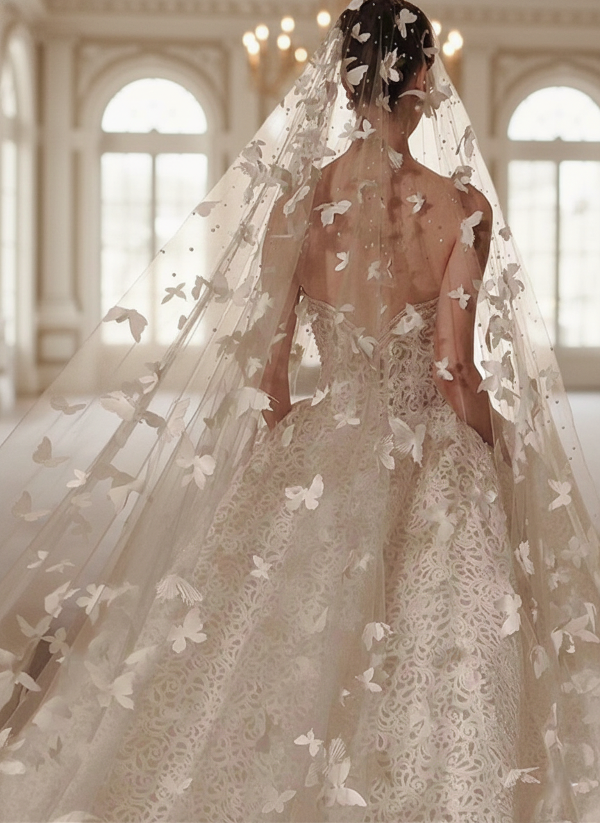 Butterfly Appliqué Cathedral Veil – Long Tulle Wedding Veil | Silque