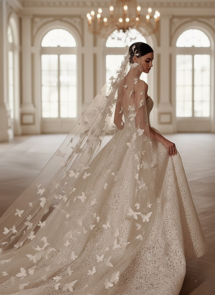 Butterfly Appliqué Cathedral Veil – Long Tulle Wedding Veil | Silque
