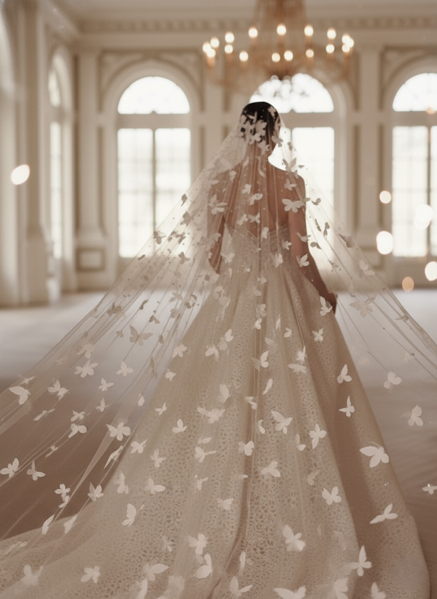 Butterfly Appliqué Cathedral Veil – Long Tulle Wedding Veil | Silque