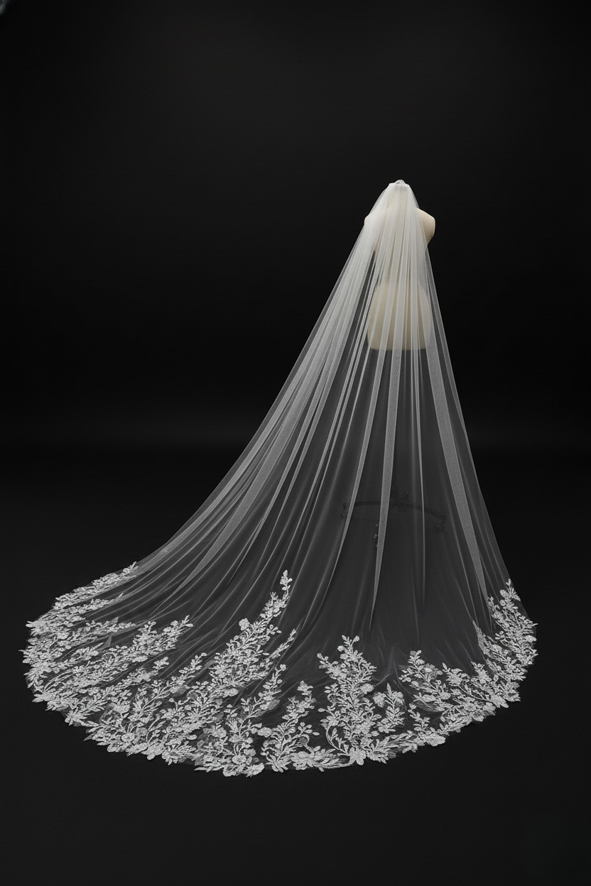 Floral Lace Cathedral Veil – Long Embroidered Wedding Veil | Silque